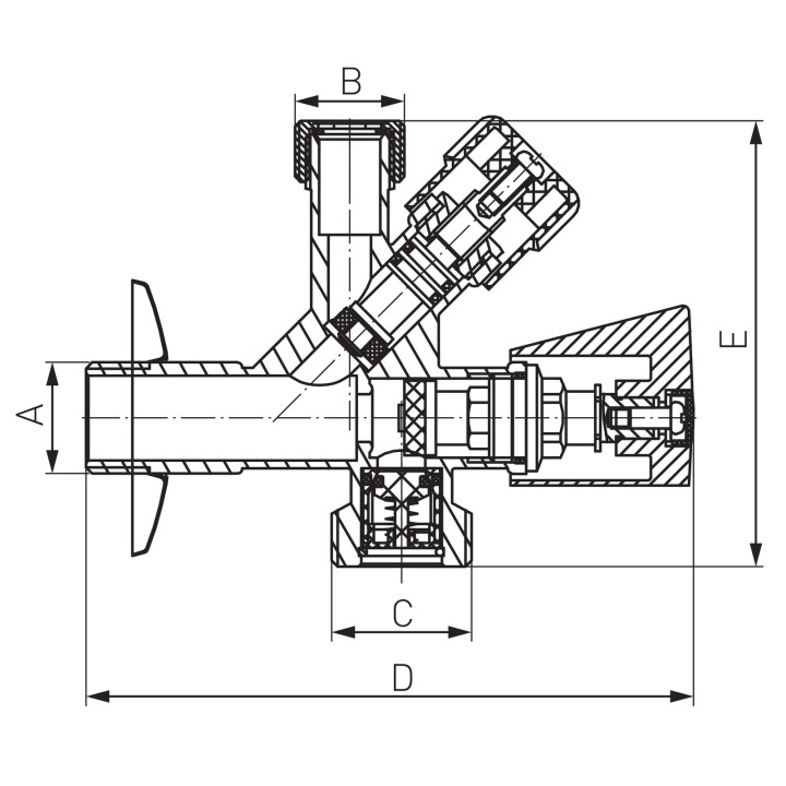 Zawór kątowy kombi 3-8" X 1-2" X 3-4",ZE złączką do rury