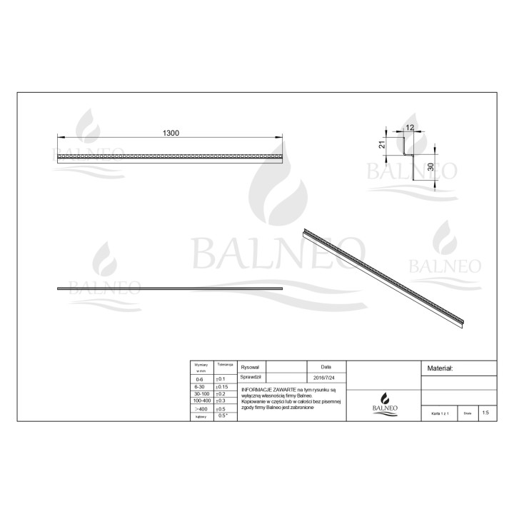 Listwa spadkowa podłogowa czołowa 130 cm miedziana – Balneo
