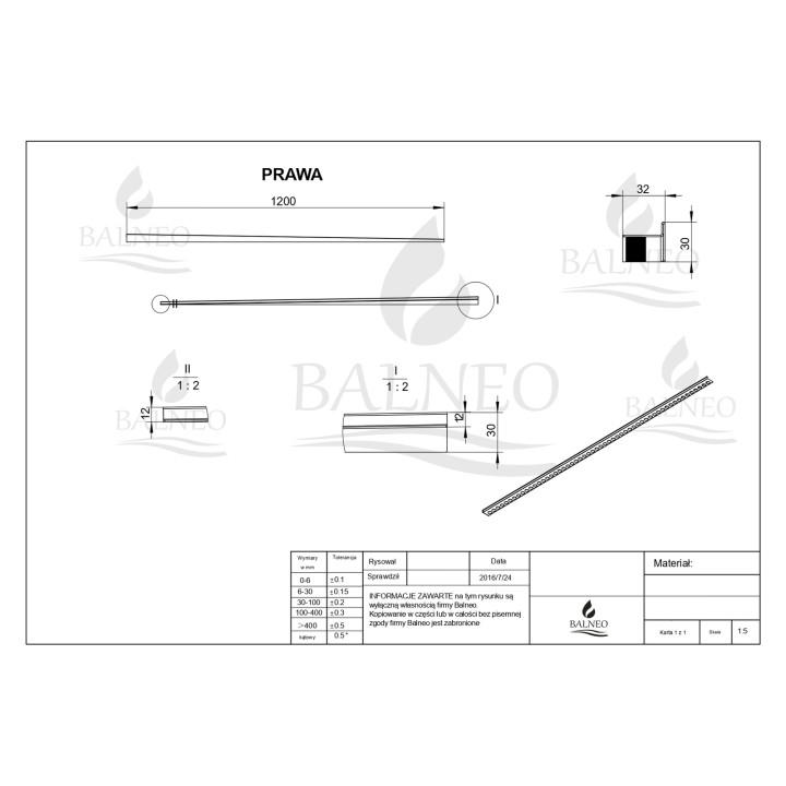 Listwa spadkowa podłogowa prawa 120 cm złota – Balneo