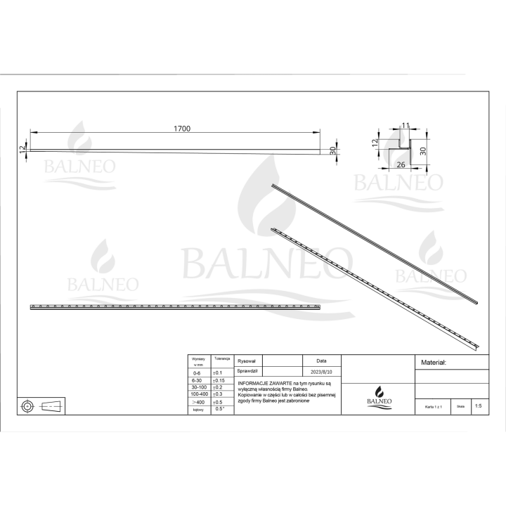 Listwa spadkowa do szkła lewa 170 cm inox