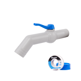 Zestaw - Kran PP 45° 1'' na wąż 32mm, dł. 20cm, z taśmą PTFE