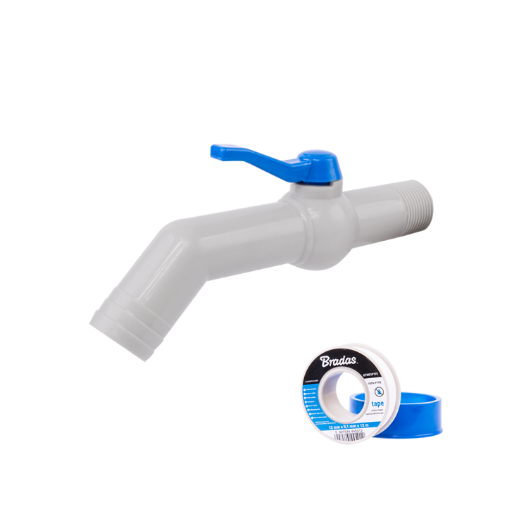 Zestaw - Kran PP 45° 1'' na wąż 32mm, dł. 20cm, z taśmą PTFE