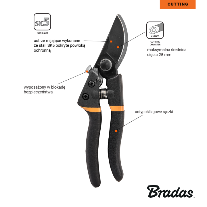 Sekator V-SERIES-D ostrze mijające, stal SK5 – Bradas