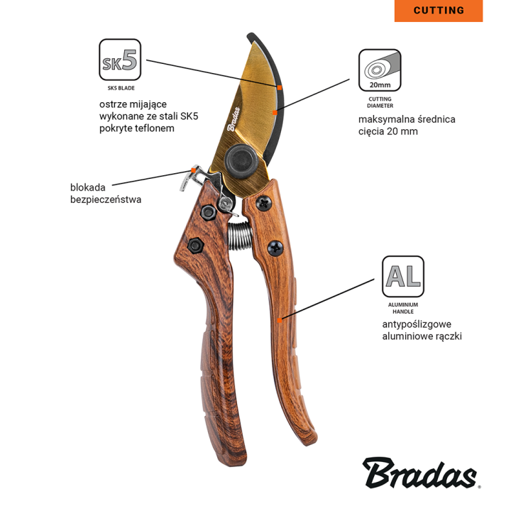 Sekator V-SERIES-D ostrze mijające, stal SK5, WOOD – Bradas