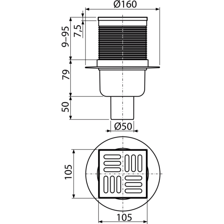 Kratka ściekowa 105×105/50 mm, odpływ pionowy, kratka nierdzewna, kombinowany syfon SMART