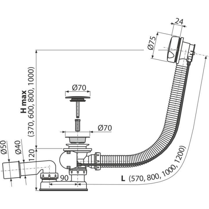 Syfon wannowy, korek automatyczny, biały – Alcadrain