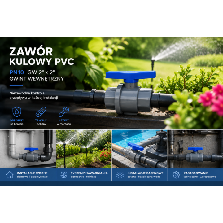 PN10 Zawór kulowy PVC- jednośrubunkowy / GW 2" / GW 2"