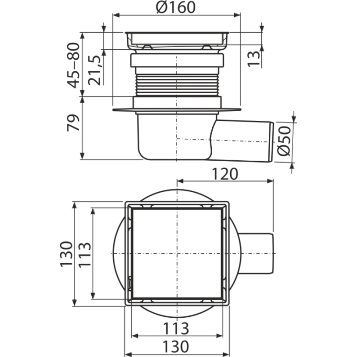 Kratka ściekowa 130×130 mm odpływ boczny, dwustronna kratka