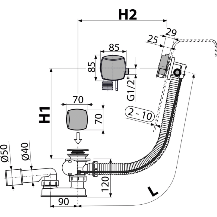 Syfon wannowy z funkcją napełniania przez przelew, chrom