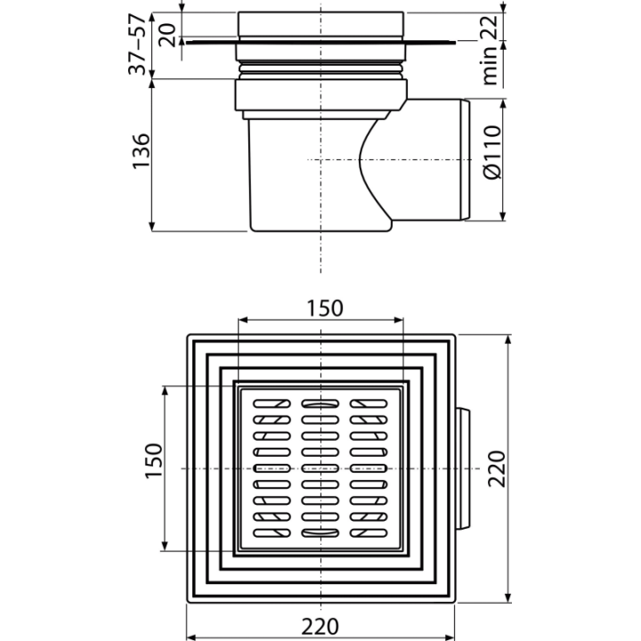 Kratka ściekowa 150×150/110 mm odpływ boczny, kratka nierdzewna