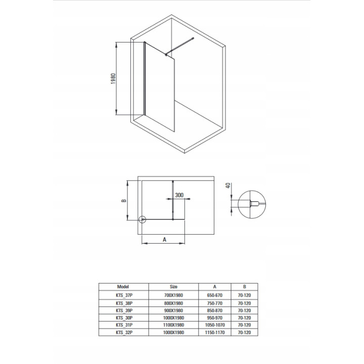 Ścianka prysznicowa / walk-in systemu kerria plus 120 cm nero KTS
