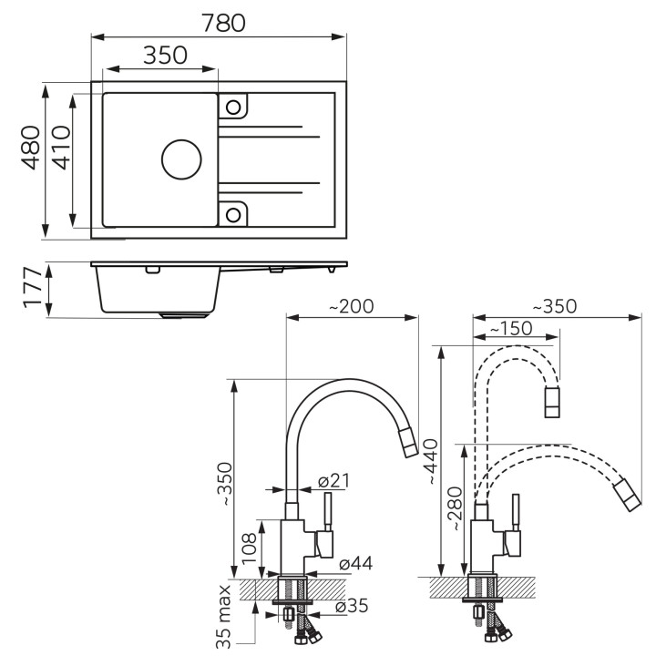 Zestaw zlewozmywak z baterią DRGM48/78HA + BZA4B – Ferro