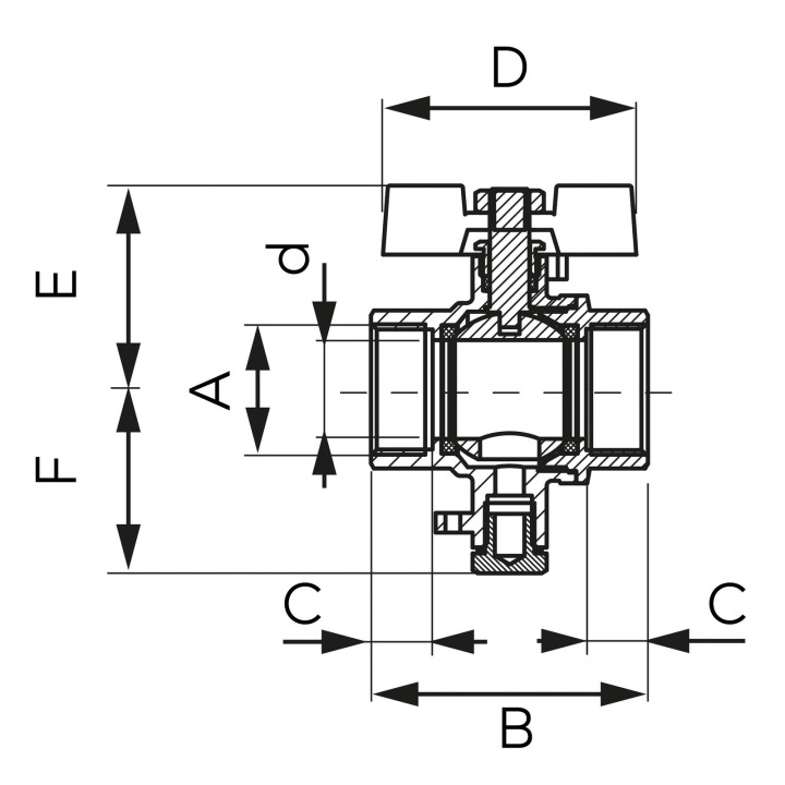 ZAWÓR KULOWY GW-GW Z MOTYLKIEM, DO MONTAŻU CZUJNIKA TEMPERATURY, 1-2", F-POWER