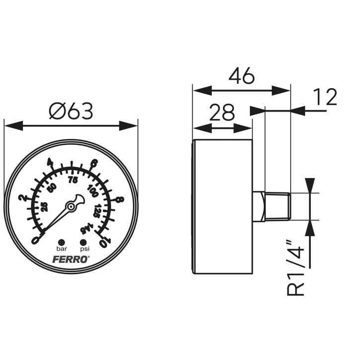 MANOMETR 63 MM 1-4" AKSJALNY 0-10 BAR