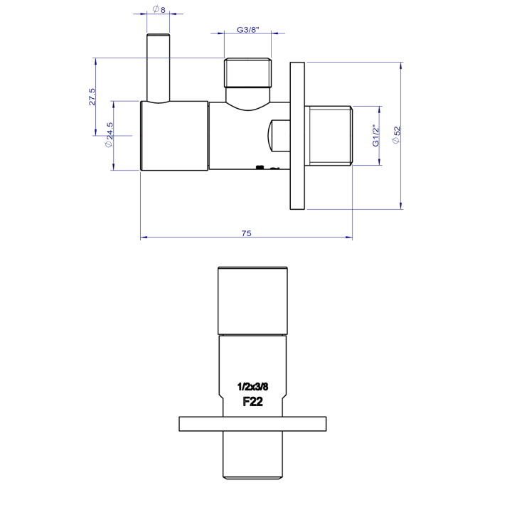 ROTONDO ZAWÓR KĄTOWY PODłĄCZENIOWY 1/2"X3/8", ZłOTY