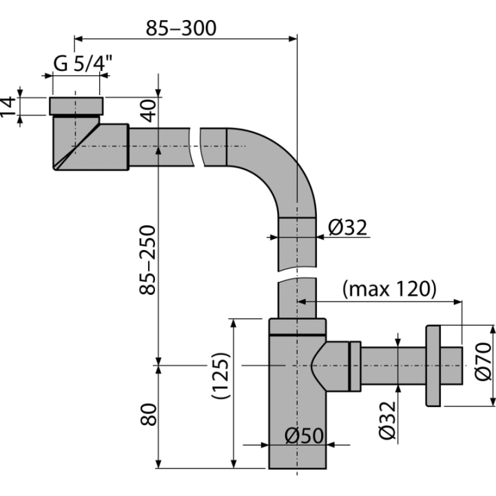 Półsyfon umywalkowy DN32 design metalowy, małogabarytowy