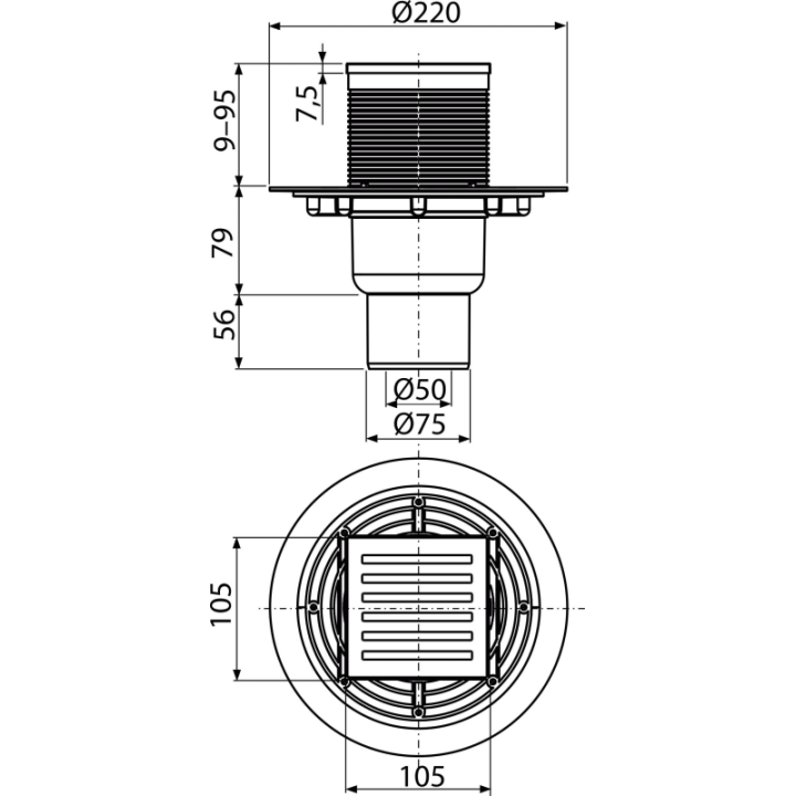 Kratka ściekowa 105×105/50/75 mm odpływ pionowy, kratka