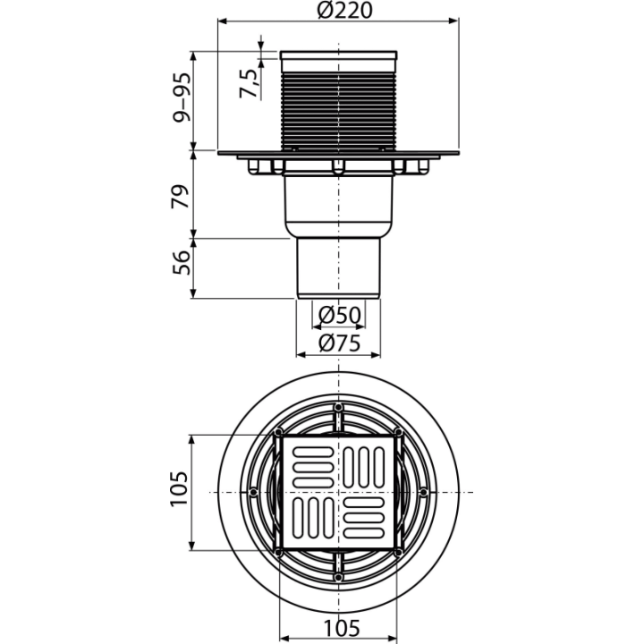 Kratka ściekowa 105×105/50/75 mm odpływ pionowy, kratka