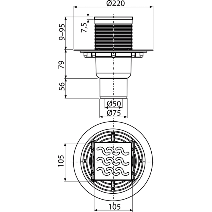 Kratka ściekowa 105×105/50/75 mm odpływ pionowy, kratka