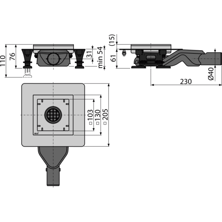 Kratka ściekowa nierdzewna mocno obniżona 130×130 mm odpływ
