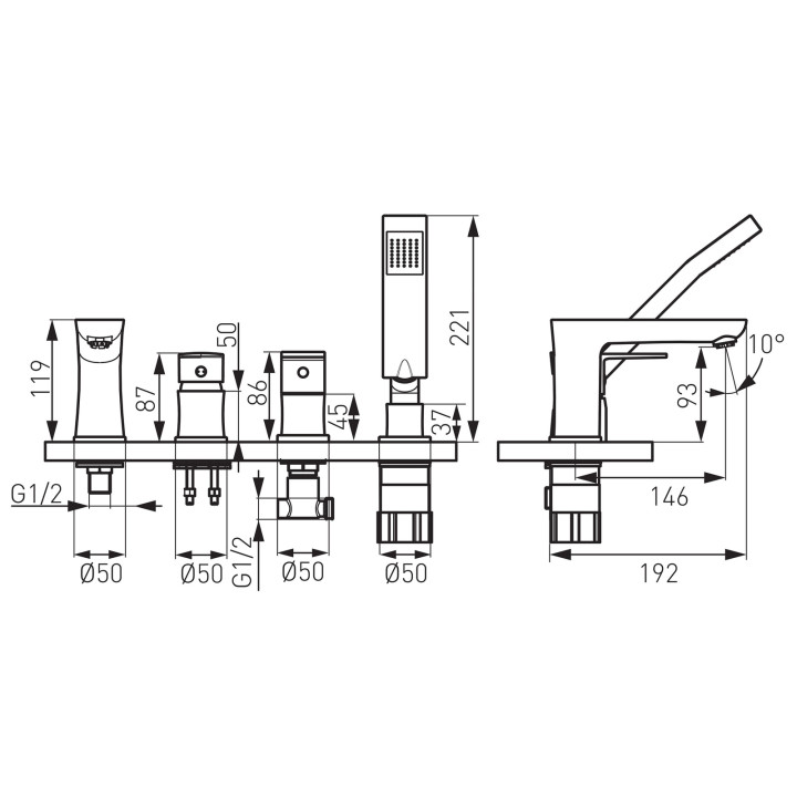 Algeo square bateria wannowa 4-OTWOROWA z zestawem natryskowym