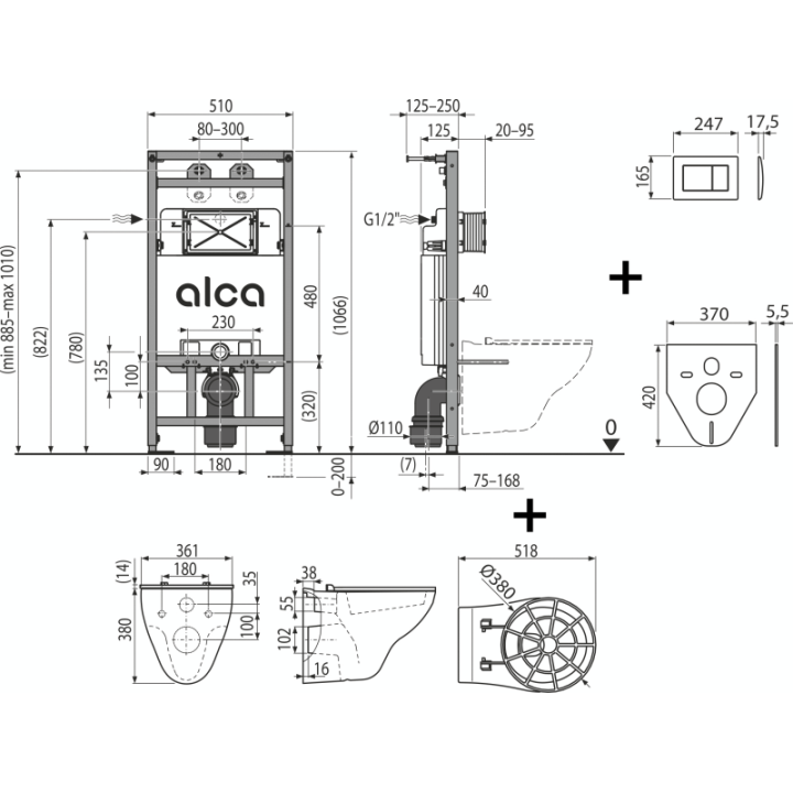 Set: rama montażowa, muszla wisząca z kratką, podkładka pod