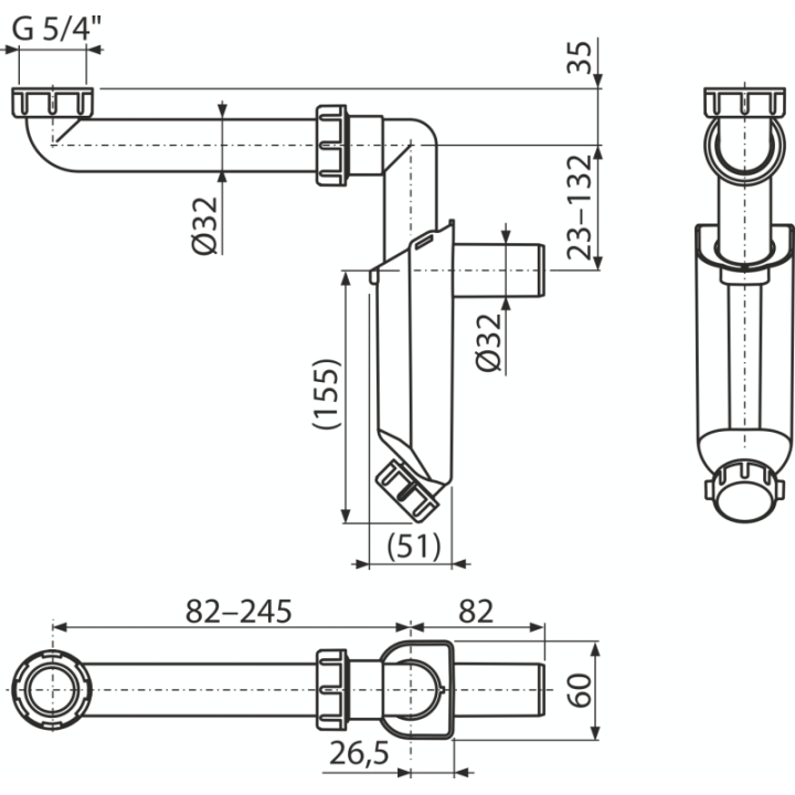 Półsyfon meblowy umywalkowy DN 32 z nakrętką 5/4" – Alcadrain