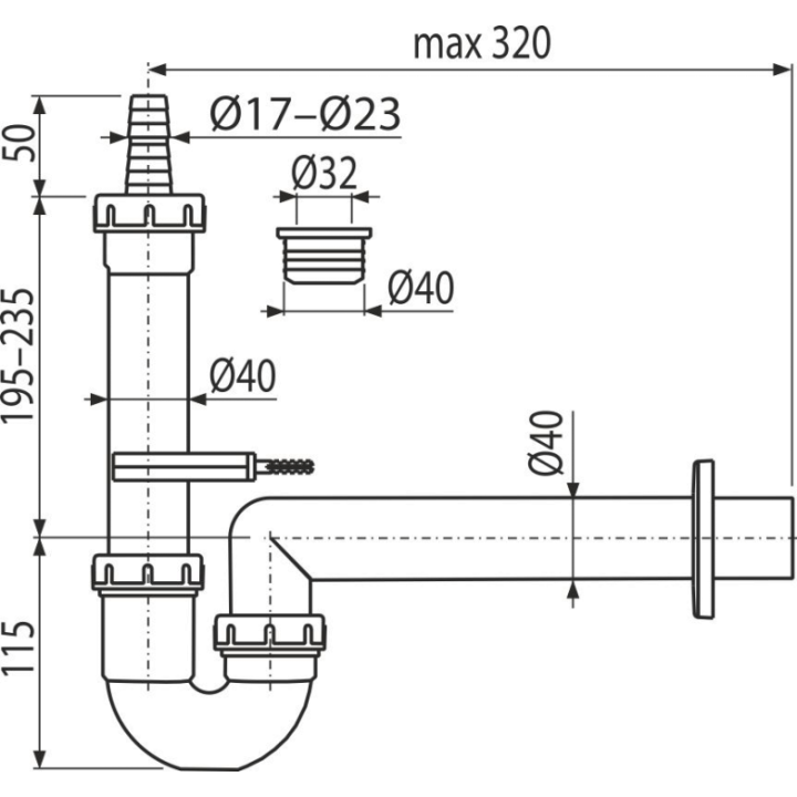 Pólsyfon pralkowy rurowy DN 40 – Alcadrain