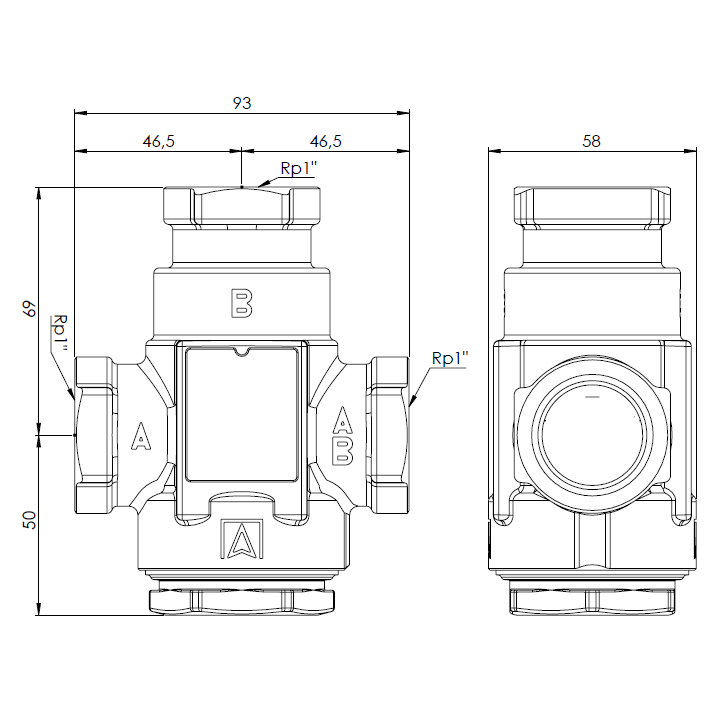 Zawór temperaturowy ATV 333, DN25, Rp1", kvs 9, 45°C – Afriso