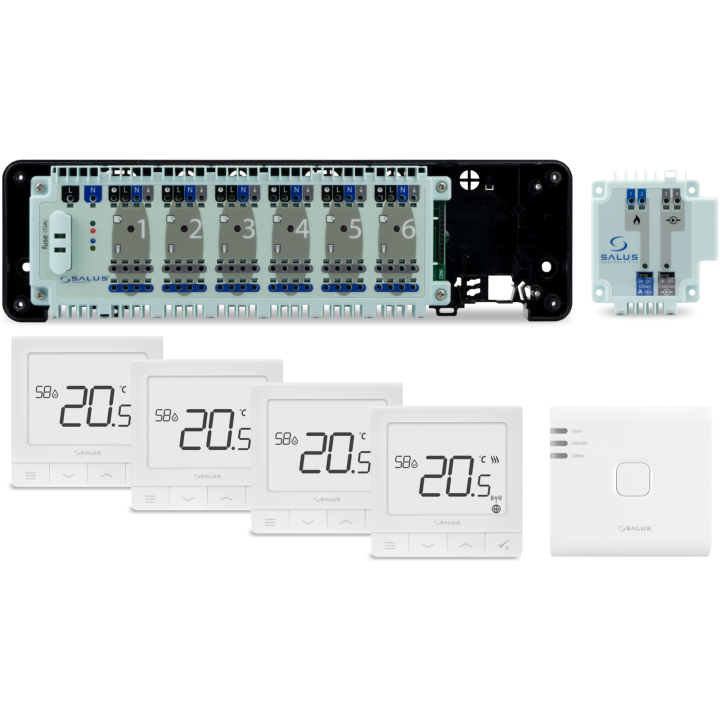 SALUS StartPack Premium - zestaw przewodowego sterowania ogrzewaniem podłogowym z zarządzaniem przez Internet: KL06-M, PL07, UG8