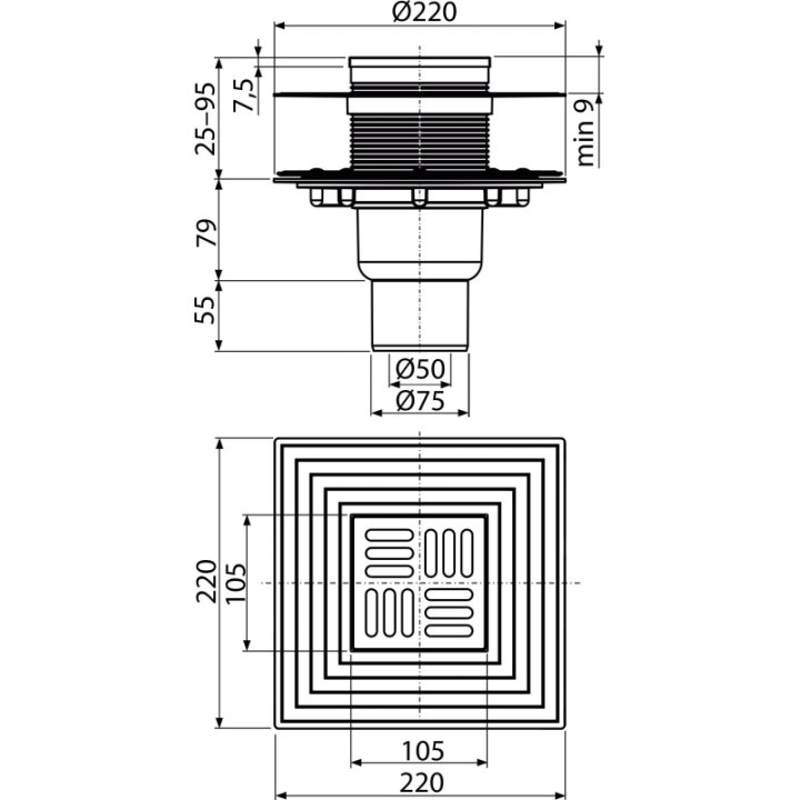 Kratka ściekowa 105×105/50/75 mm odpływ pionowy, kratka