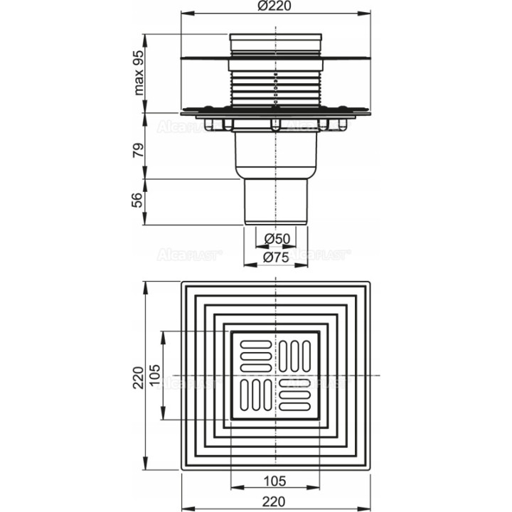 Kratka ściekowa 105×105/50/75 mm odpływ pionowy, kratka