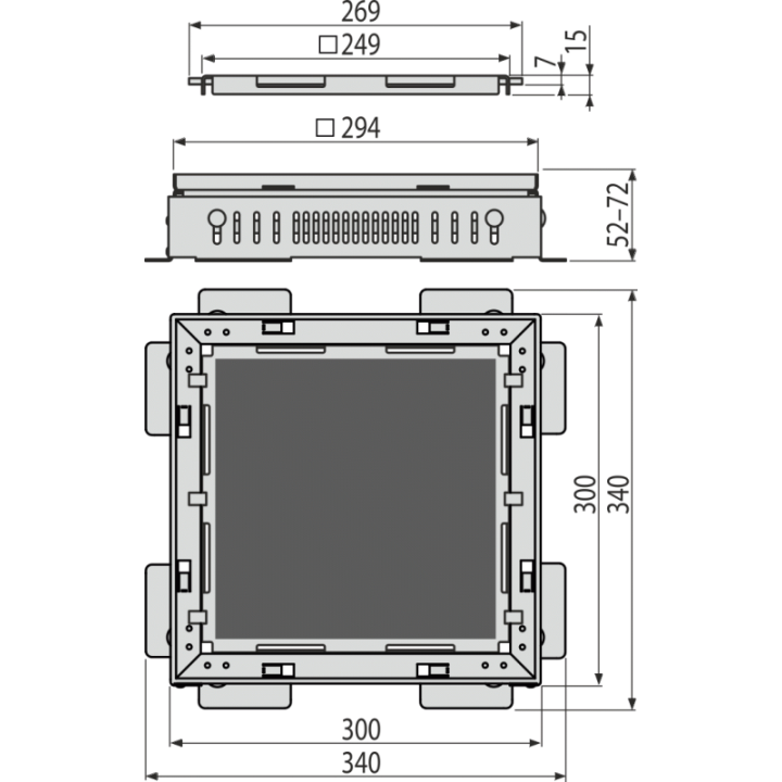 Gardziel nastawna kratki + Ruszt do wypełnienia płytką 300×300, stal nierdzewna