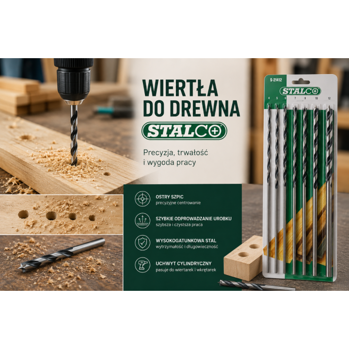 Wiertła do drewna Stalco 4-10 mm 300 mm zestaw 7 szt.. stal