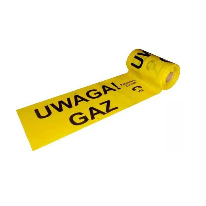 Taśma ostrzegawcza żółta 100 mb UWAGA GAZ