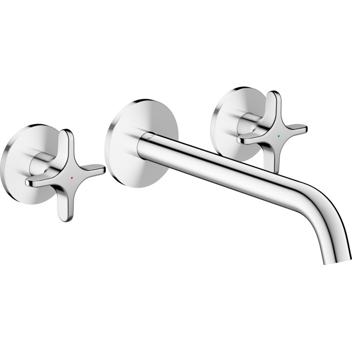 AX One 3-otworowa bateria umywalkowa z uchwytami krzyżowymi i wylewką 220 mm, ścienna, podtynkowa, Chrom