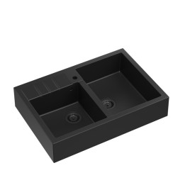 Zlewozmywak granitowy BILL 120 - dwukomorowy, nakładany, pure carbon/elementy pure carbon, Quadron