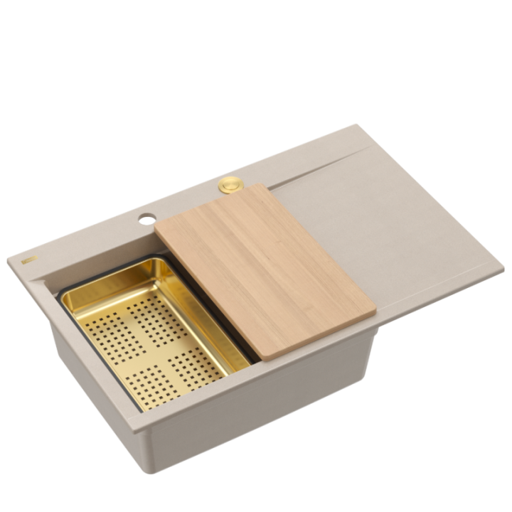 JOSH 111 GraniteQ zlewozmywak 1-komorowy z/o (780x500x215) pearl beige + syfon push 2 open + deska + wkładka/ elementy złote