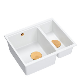 Zlewozmywak granitowy LOGAN 150 - półtorakomorowy, wpuszczany, snow white/elementy miedziane, Quadron