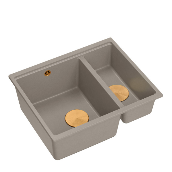 Zlewozmywak granitowy LOGAN 150 - półtorakomorowy, wpuszczany, soft taupe/elementy miedziane, Quadron