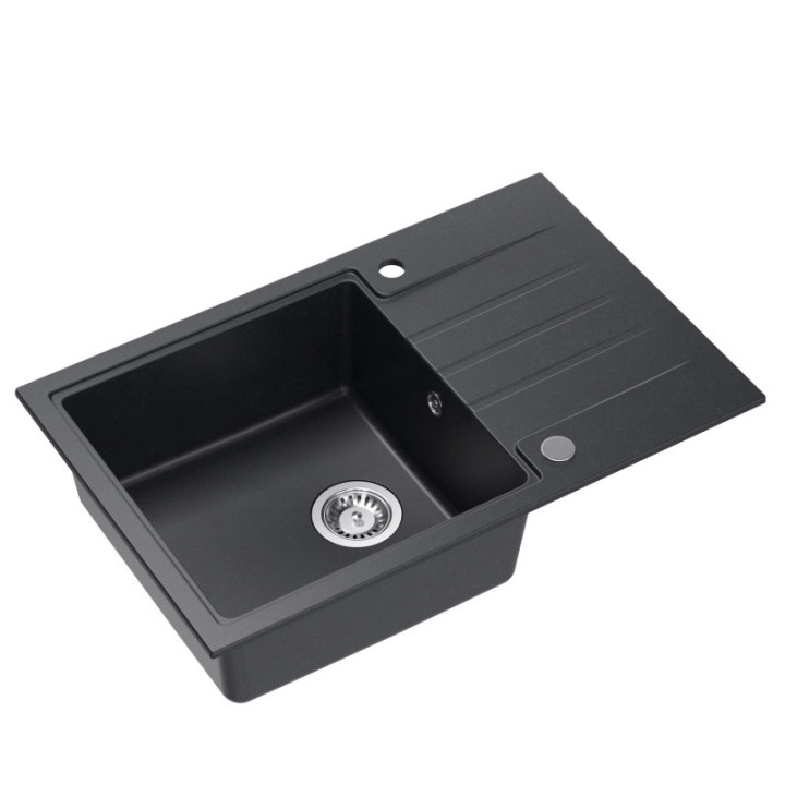 Zlewozmywak granitowy PETER 111 - jednokomorowy, wpuszczany, black dotted/elementy stalowe, Quadron