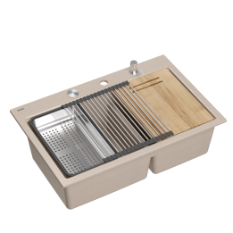 Zlewozmywak granitowy MARC 120 WORKSTATION - dwukomorowy, wpuszczany, pearl beige/elementy stalowe + AKCESORIA, Quadron