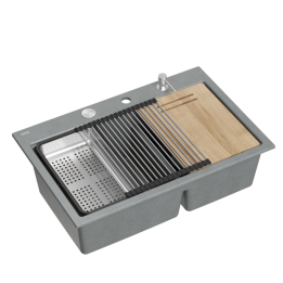 Zlewozmywak granitowy MARC 120 WORKSTATION - dwukomorowy, wpuszczany, silver stone/elementy stalowe + AKCESORIA, Quadron