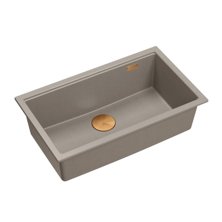 Zlewozmywak granitowy LOGAN 110 - jednokomorowy, wpuszczany, soft taupe/elementy miedziane, Quadron