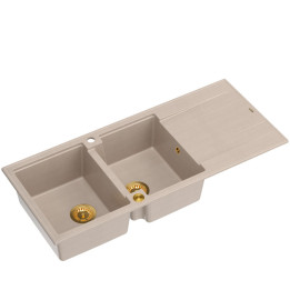Zlewozmywak granitowy EVAN 121 - dwukomorowy, wpuszczany, pearl beige/elementy złote, Quadron