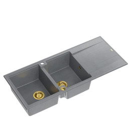 Zlewozmywak granitowy EVAN 121 - dwukomorowy, wpuszczany, silver stone/elementy złote, Quadron