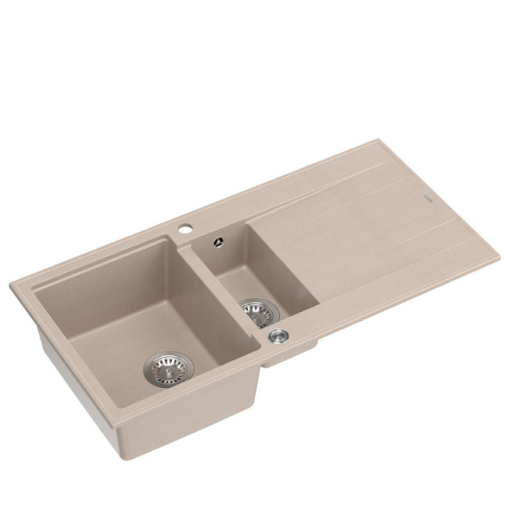 Zlewozmywak granitowy EVAN 156 - półtorakomorowy, wpuszczany, pearl beige/elementy stalowe, Quadron