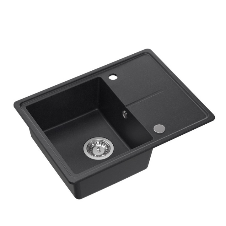 Zlewozmywak granitowy TONY 116 - jednokomorowy, wpuszczany, black dotted/elementy stalowe, Quadron