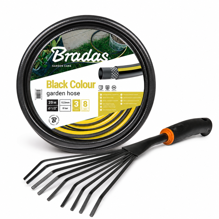 Zestaw: Grabki Miotełka Miotło-Grabki Wachlarzowe Pazurki Ogrodowe DE LUXE Bradas + Wąż ogrodowy BLACK COLOUR 1/2" - 50m