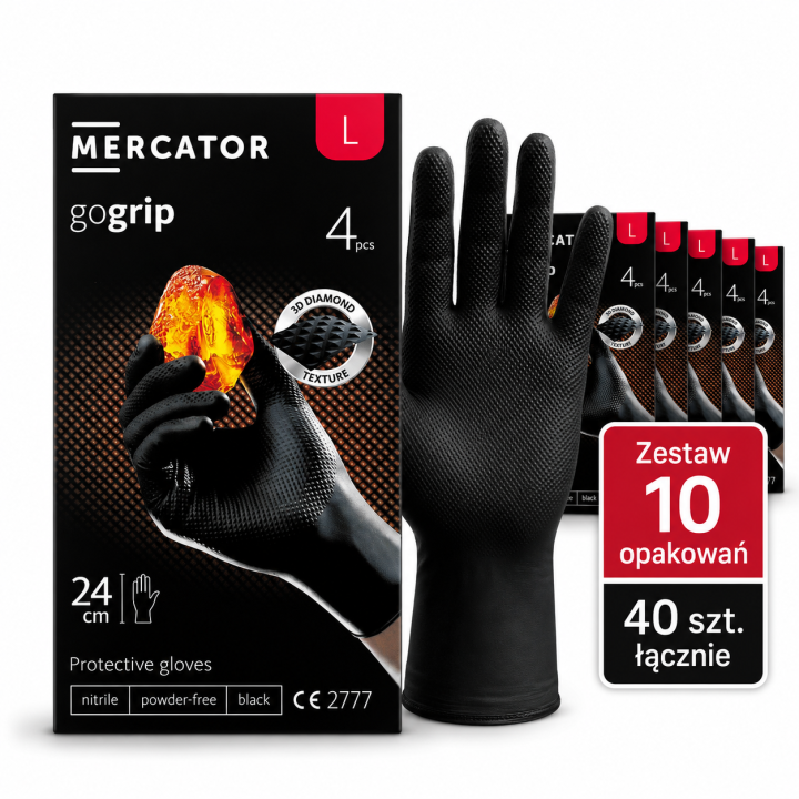 Zestaw 10 x MERCATOR - RP30039004 RĘKAWICE NITRYLOWE GOGRIP BLACK - ROZMIAR L OP. 4SZT